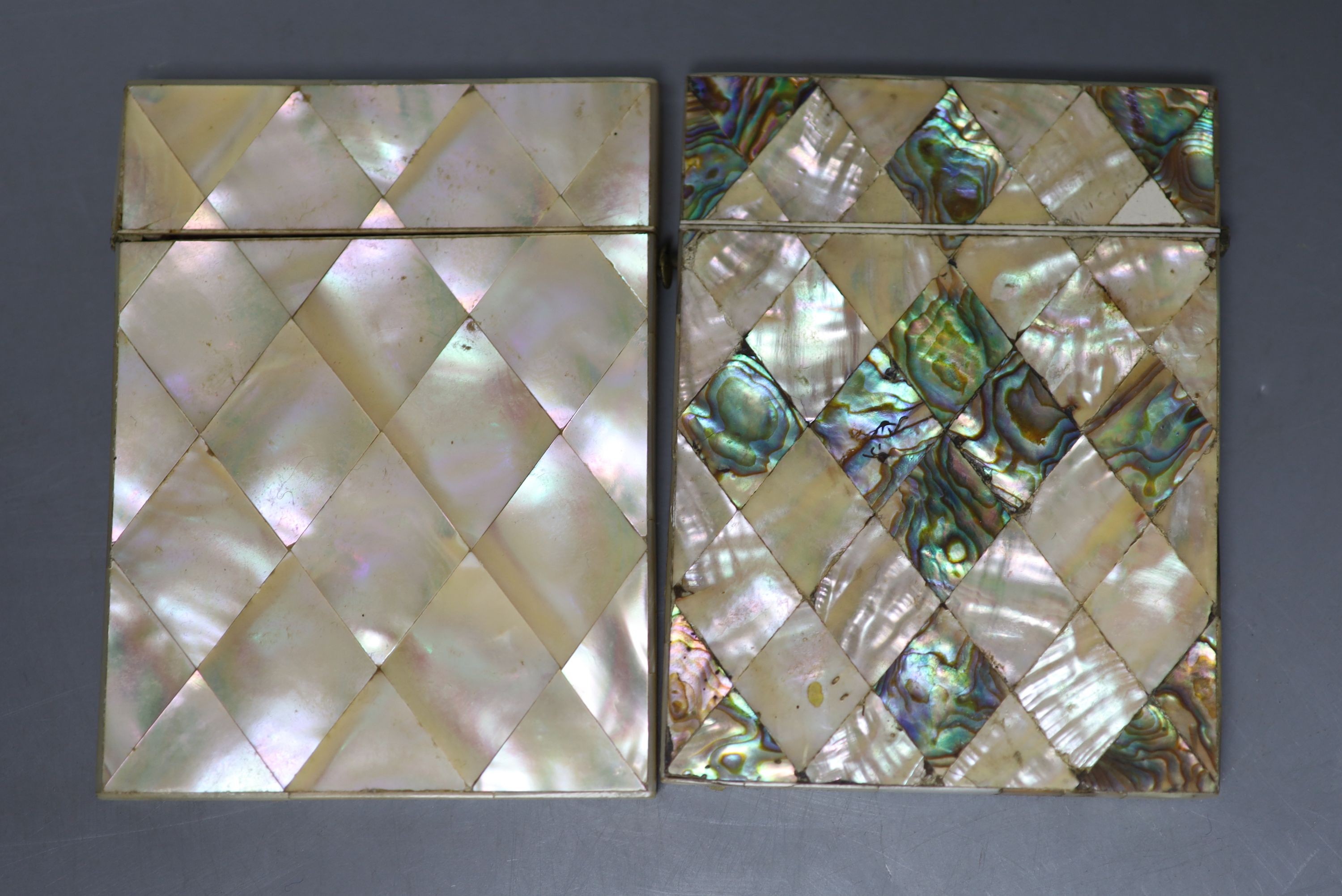 Two Victorian mother of pearl card cases, 10cm high